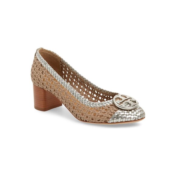 🆕TORY BURCH Chelsea Woven Metallic Logo Pump Shoes Block Heel 5.5 - Picture 4 of 13